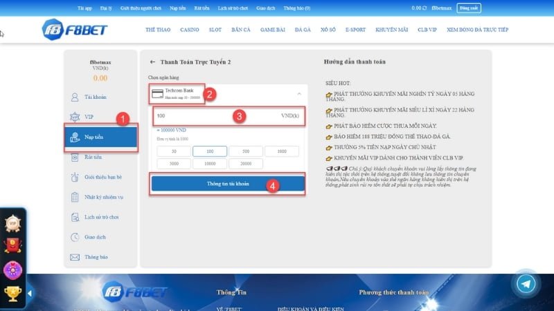 Các bước chi tiết để nạp tiền F8BET